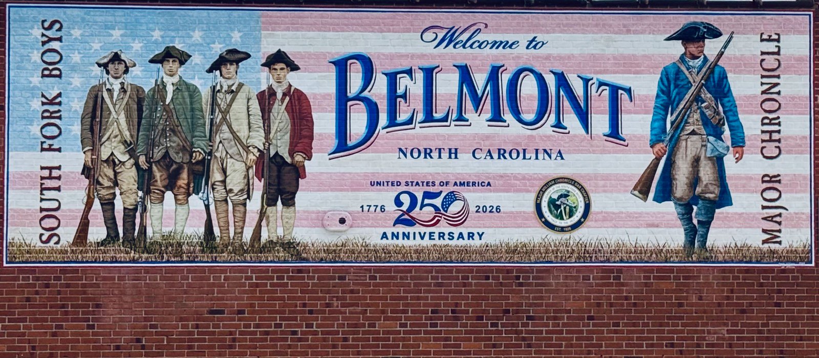 Welcome to Belmont, NC mural honoring the South Fork Boys and the Major William Chronicle DAR chapter for America's 250th anniversary