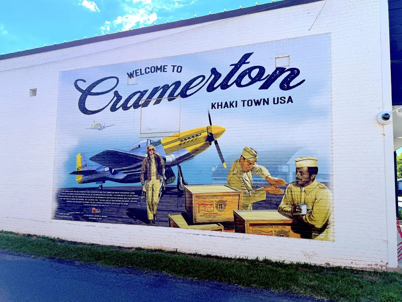 Welcome to Cramerton, Khaki Town USA mural in downtown Cramerton, NC