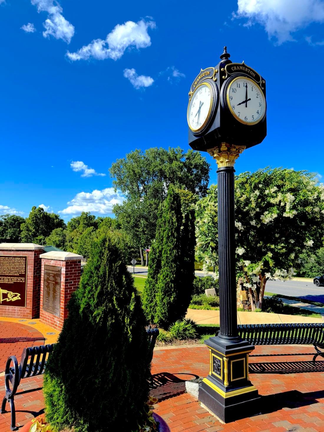Historic town clock in downtown Cramerton, NC, near homes for sale