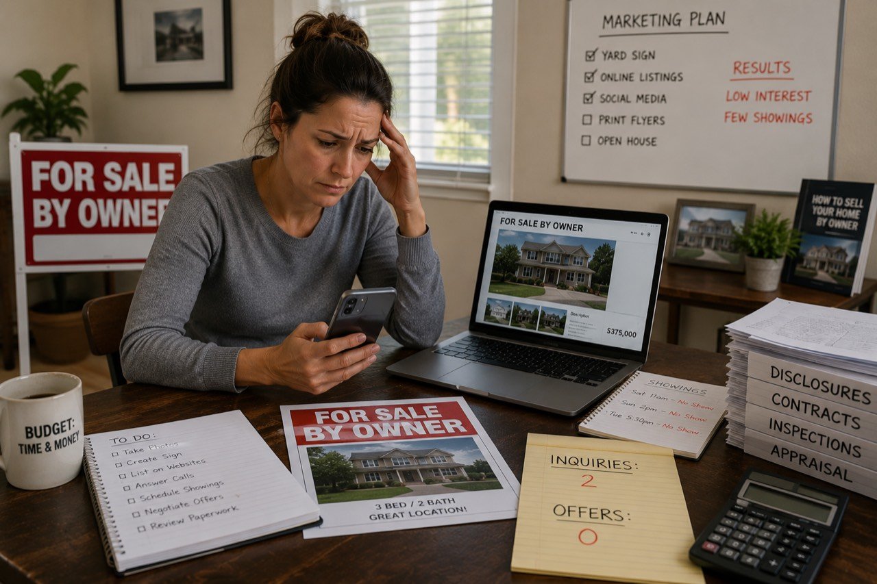 A for-sale-by-owner sign in a yard illustrating the limited marketing exposure many FSBO sellers face without MLS distribution