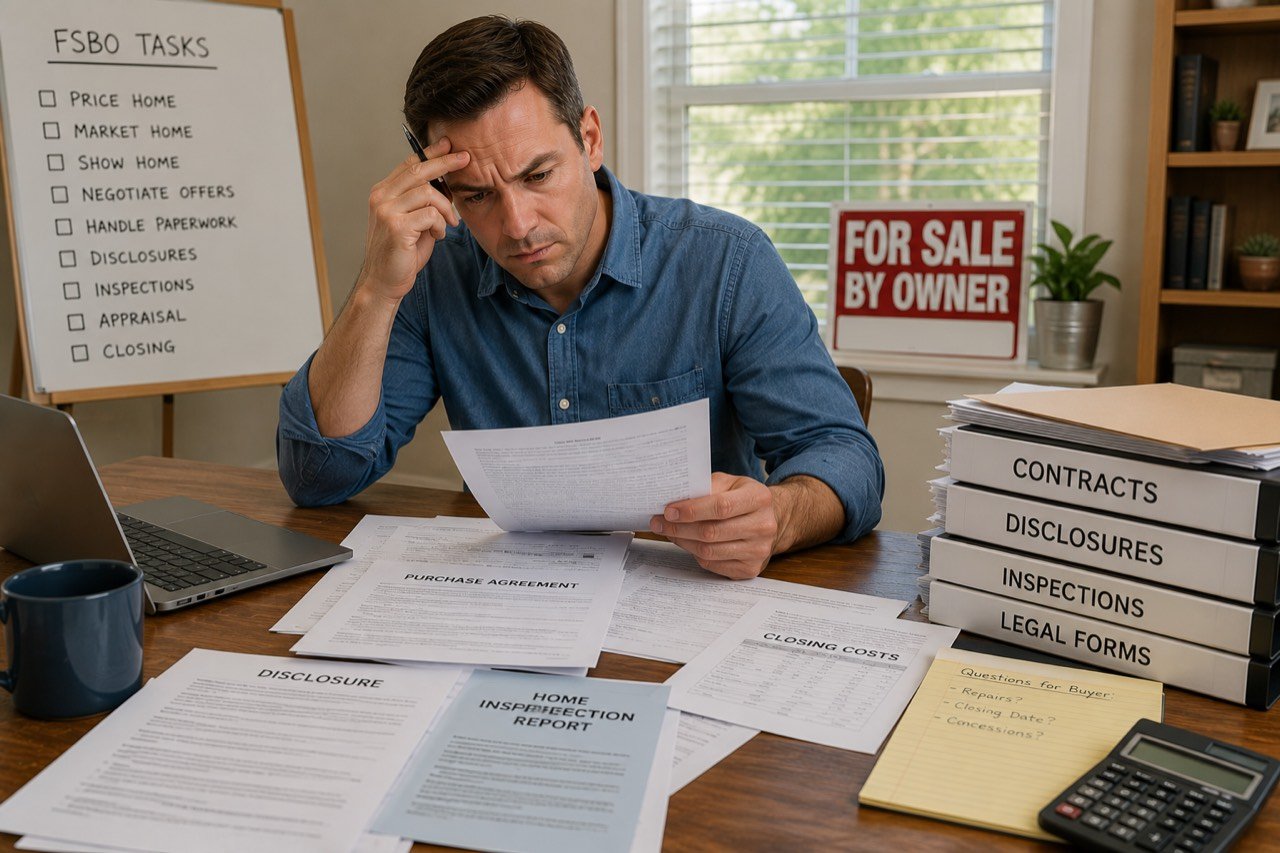 Home seller reviewing real estate contracts and disclosure paperwork, illustrating the documentation and negotiation risks of selling FSBO