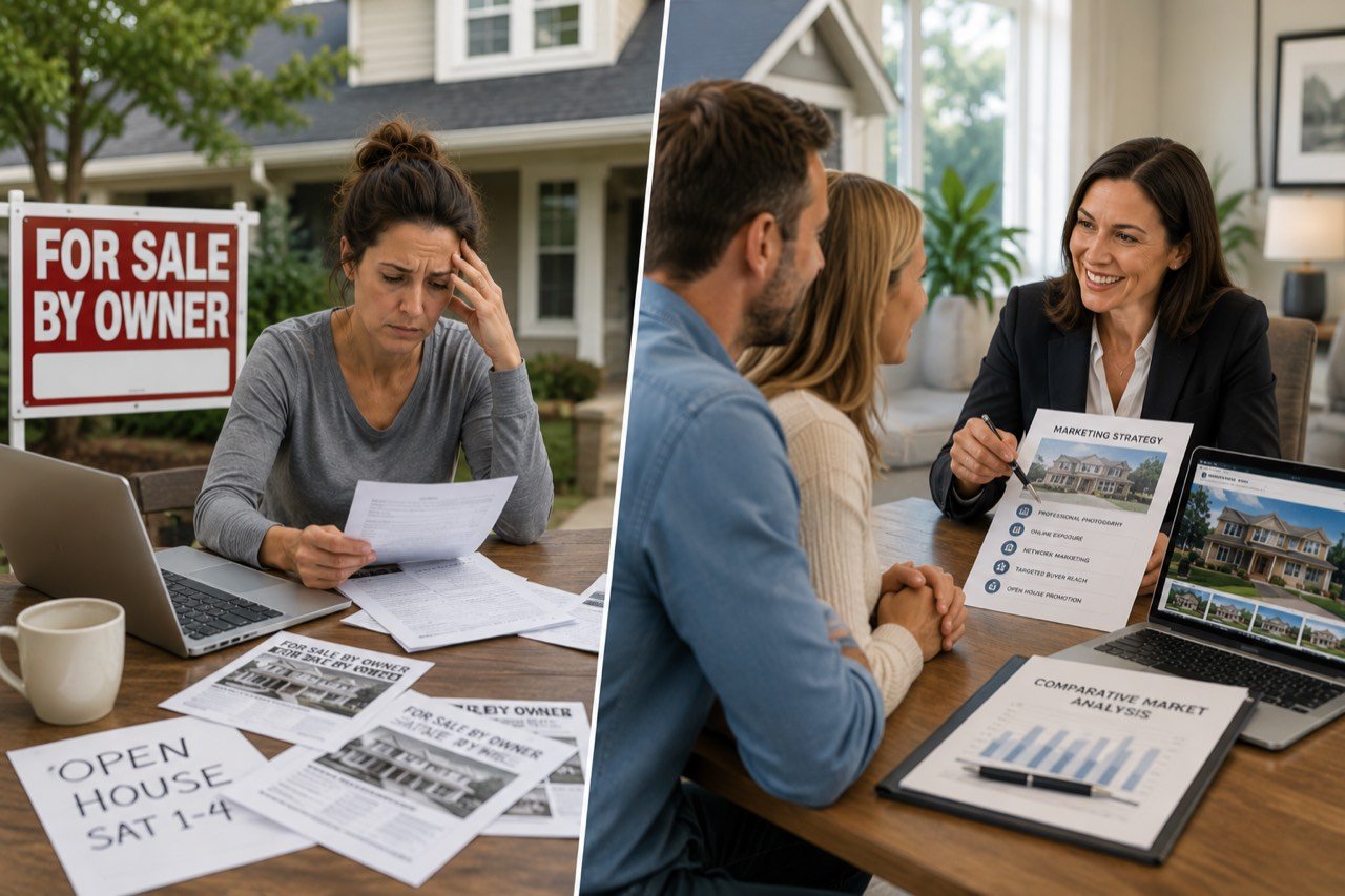 FSBO vs Realtor home selling comparison showing a for-sale-by-owner sign next to a professionally listed North Carolina home