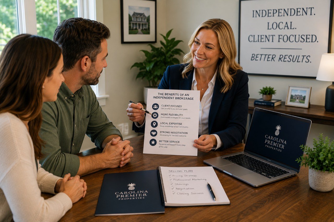 Independent real estate broker meeting one-on-one with home sellers, illustrating personalized service and local market expertise