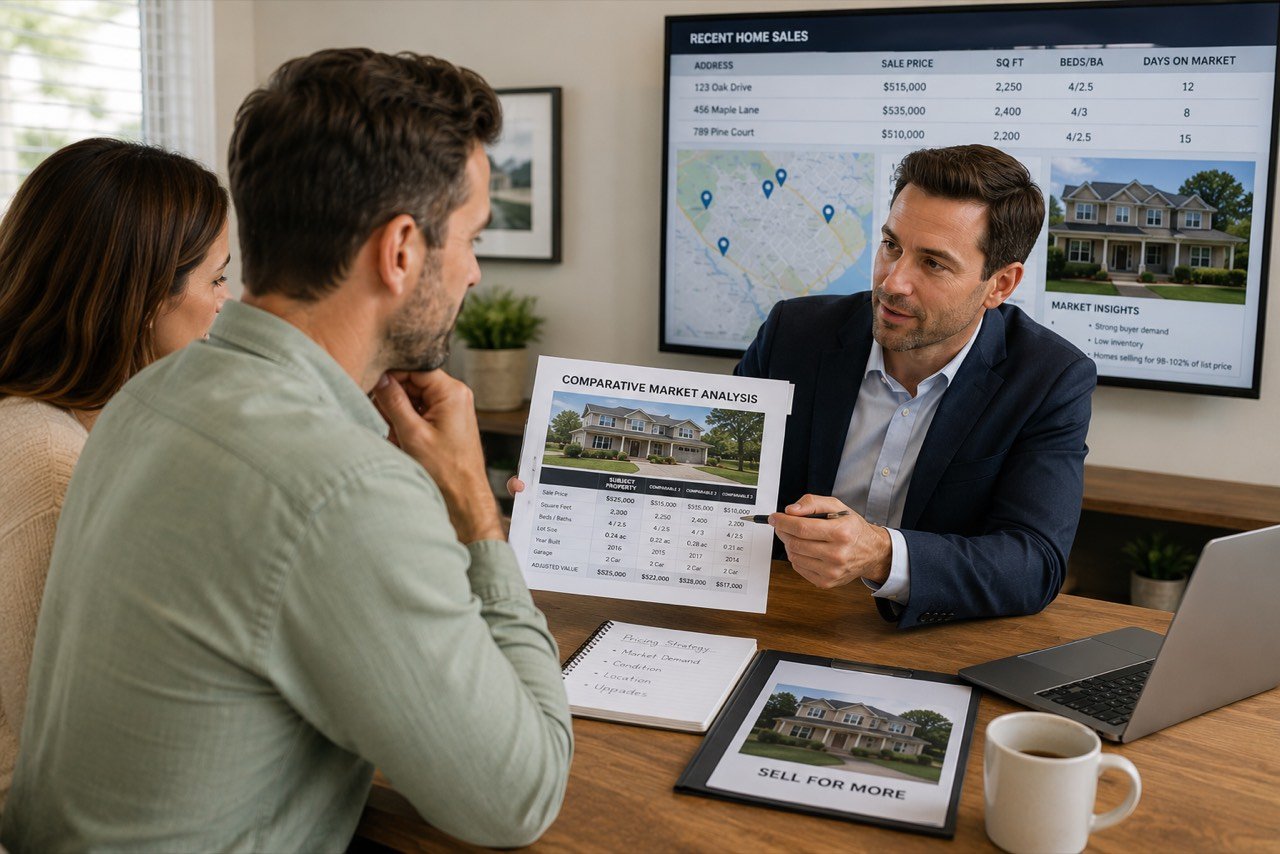Real estate agent reviewing a comparative market analysis and pricing strategy charts to set an accurate home list price
