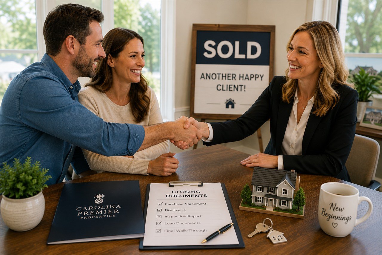 Happy homeowners shaking hands at a successful home sale closing, representing strong net proceeds and a smooth transaction